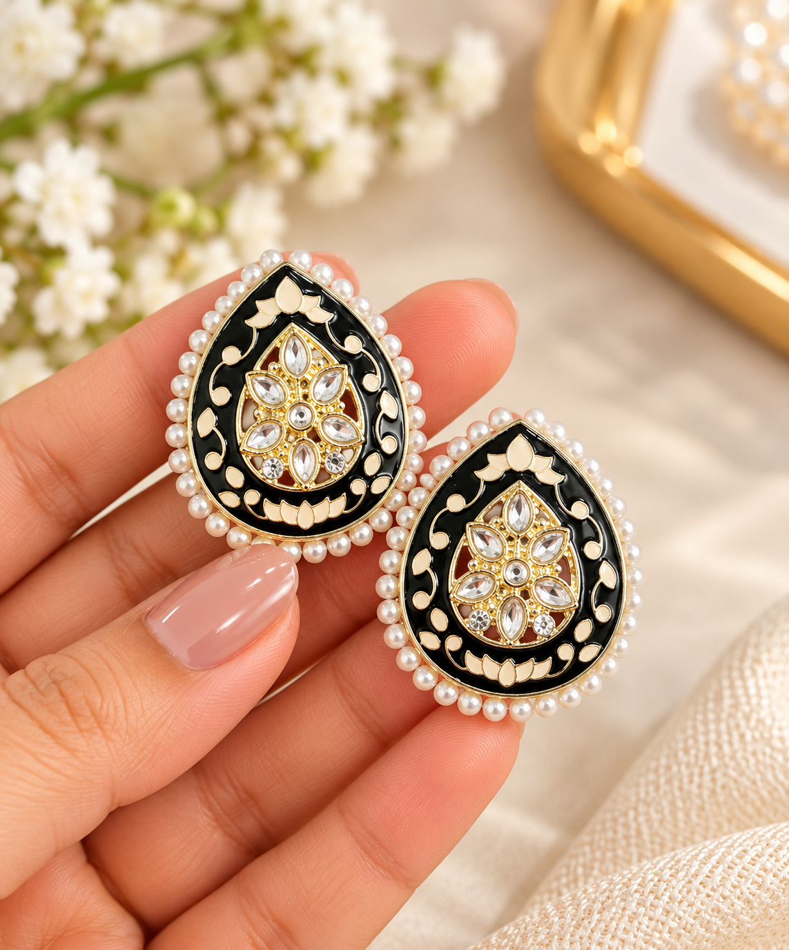 Minakari Teardrop Earrings With  Pearl Border
