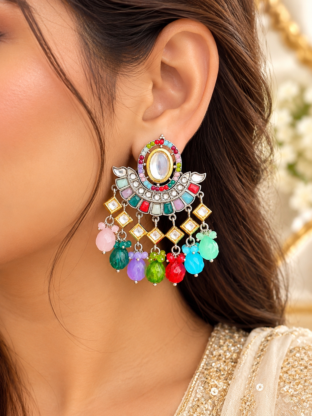 Multi Kundan Chandbali Earrings with Beaded Drops