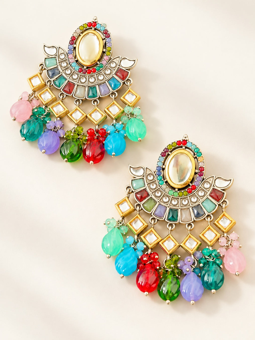Multi Kundan Chandbali Earrings with Beaded Drops