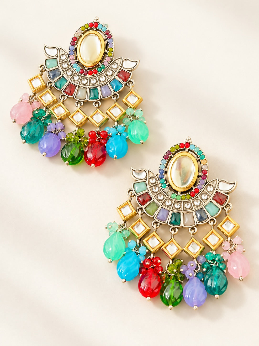 Multi Kundan Chandbali Earrings with Beaded Drops