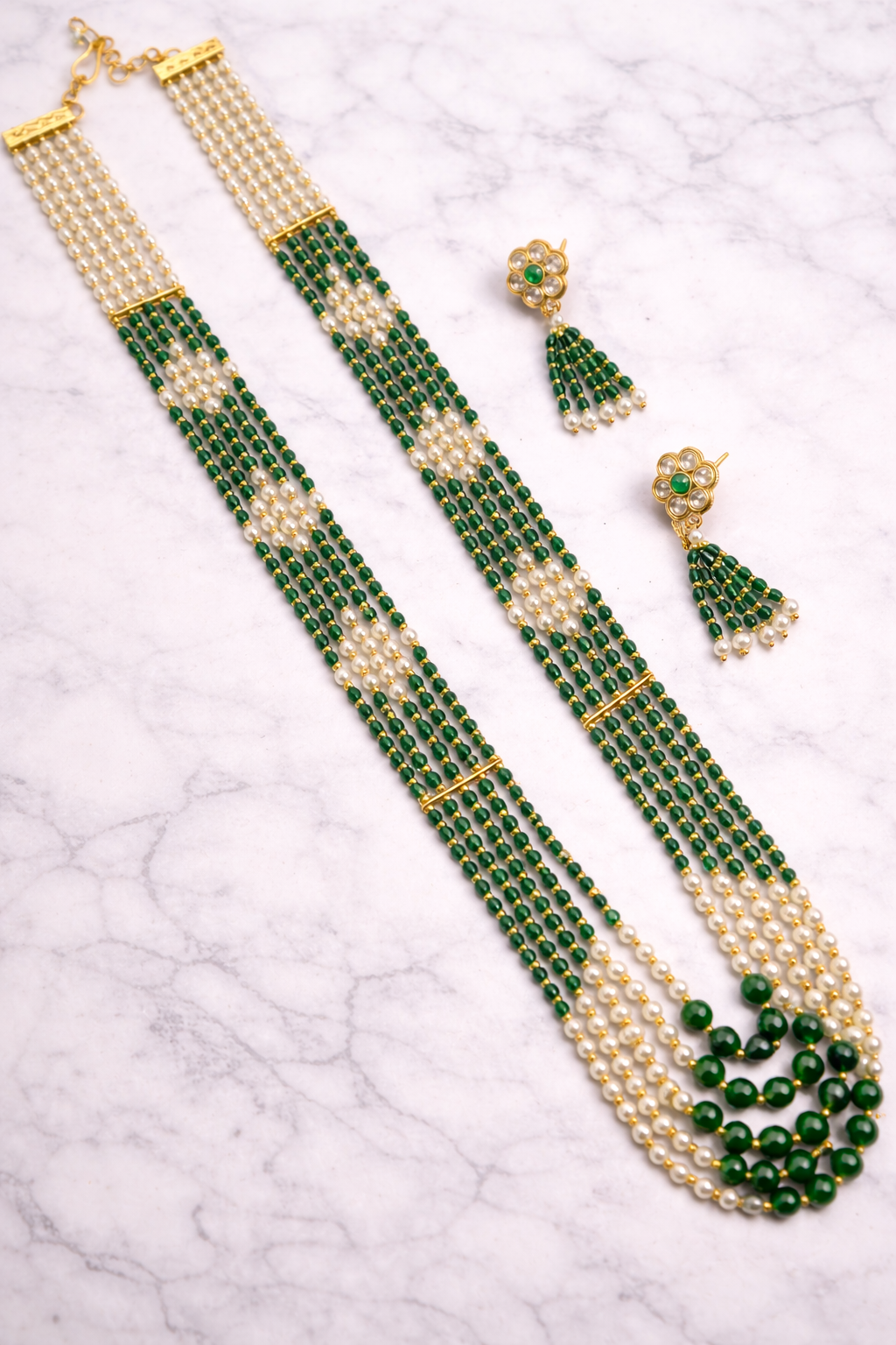 A.D Stone Copper Mala/Long Necklace With Earrings