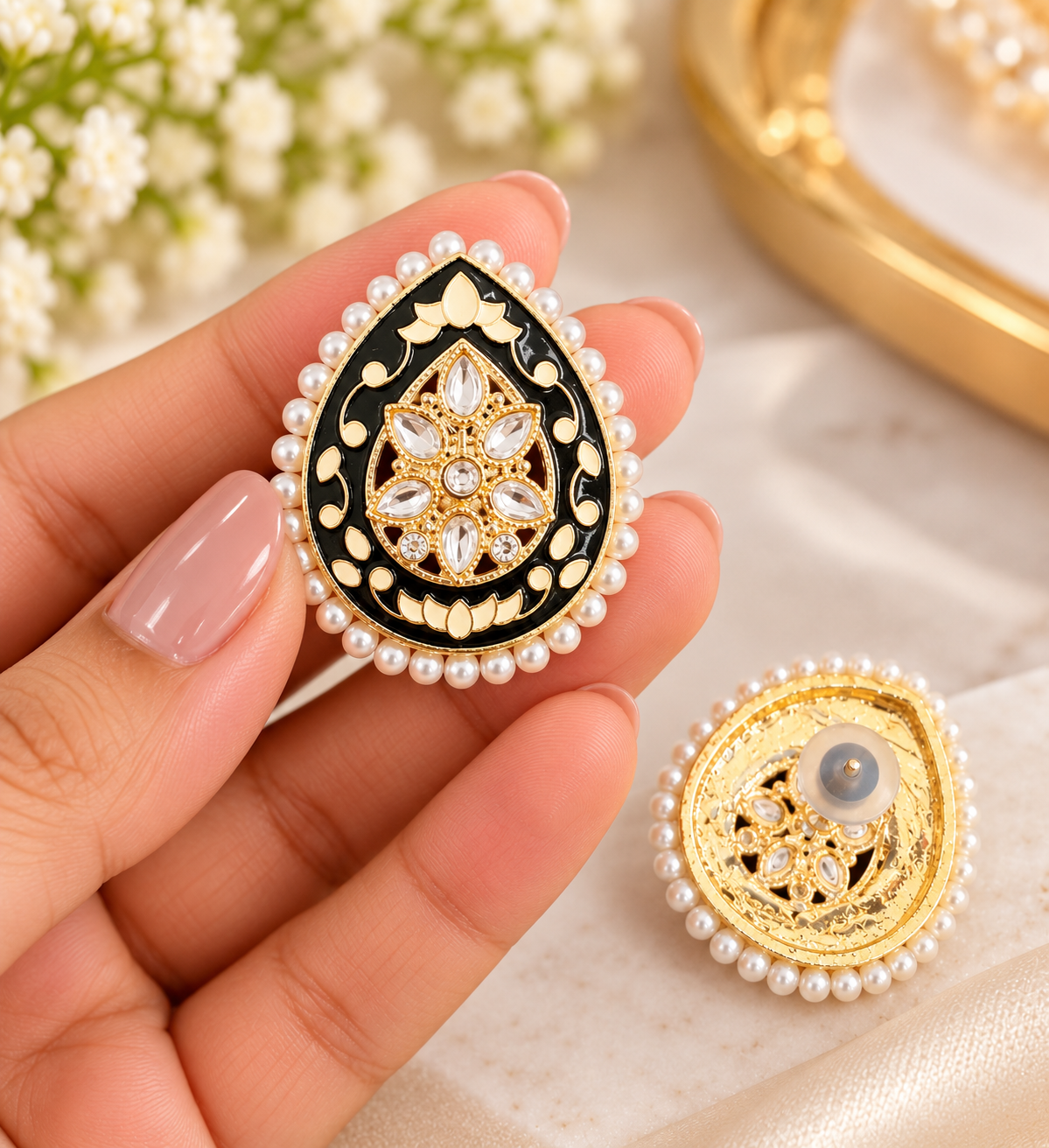 Minakari Teardrop Earrings With  Pearl Border