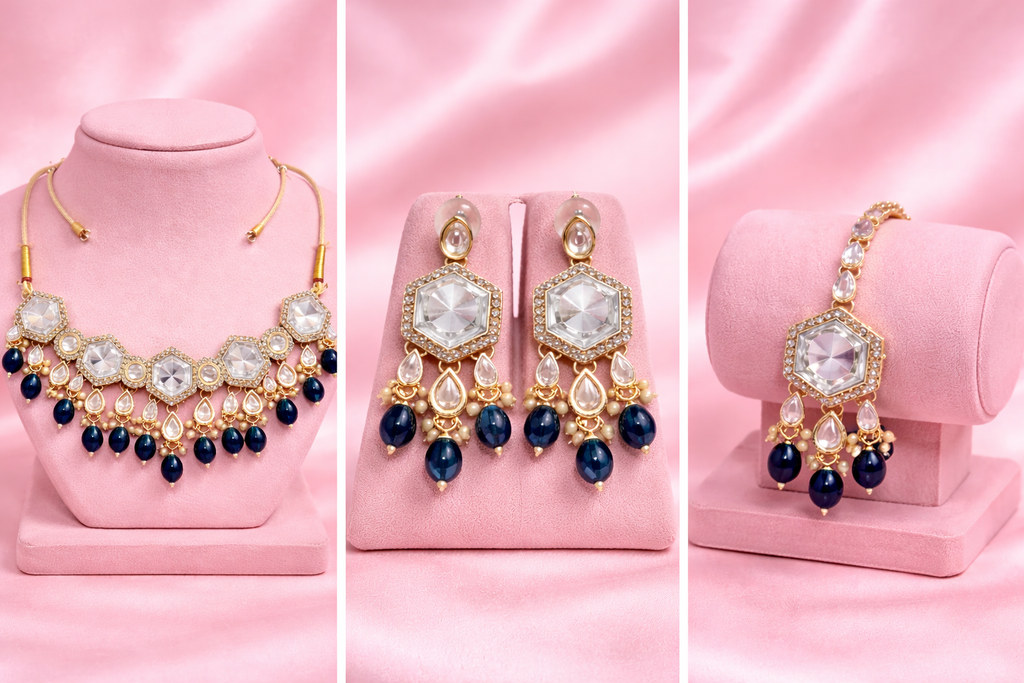 Beautiful Blue & White Combination Necklace Set (Gold Base)