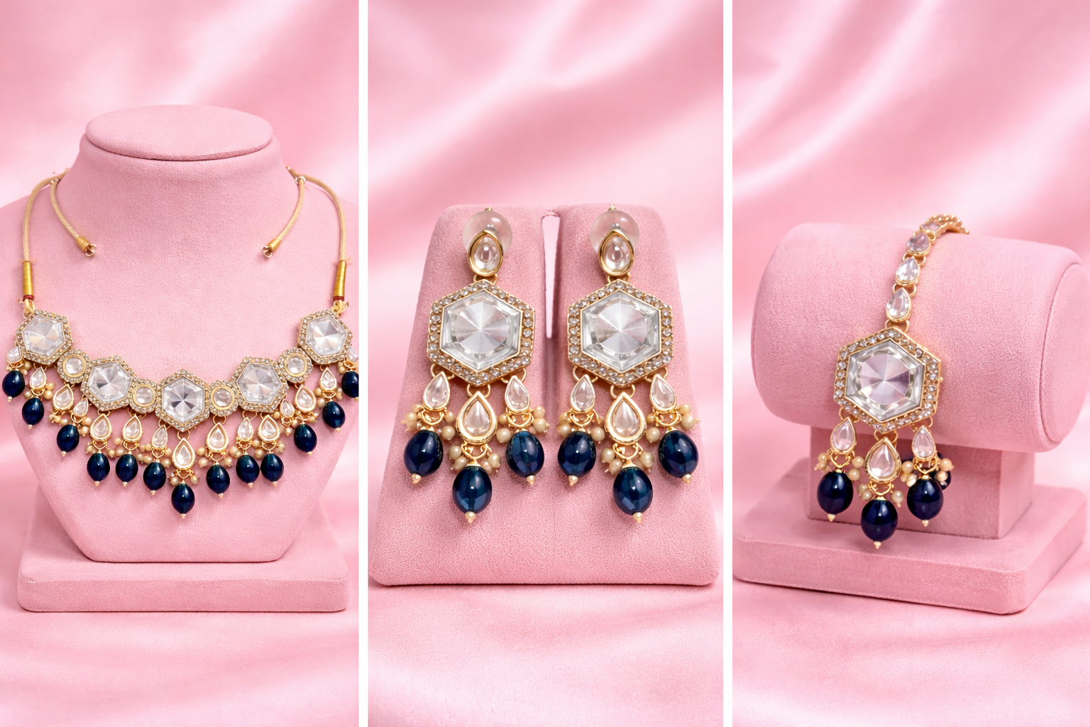 Beautiful Blue & White Combination Necklace Set (Gold Base)