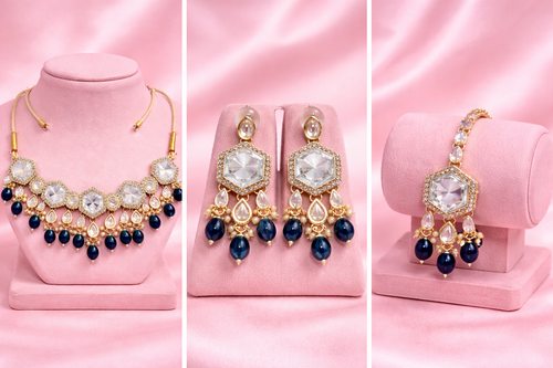 Beautiful Blue & White Combination Necklace Set (Gold Base)