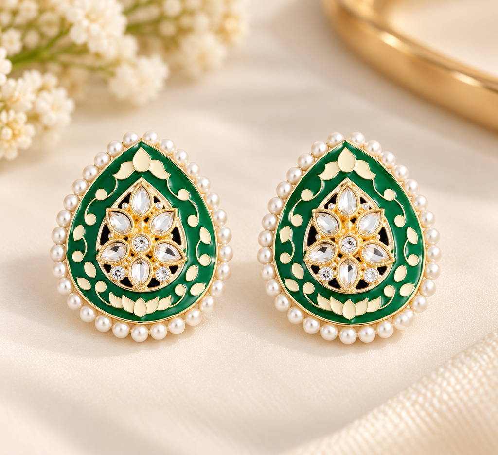 Minakari Teardrop Earrings With  Pearl Border
