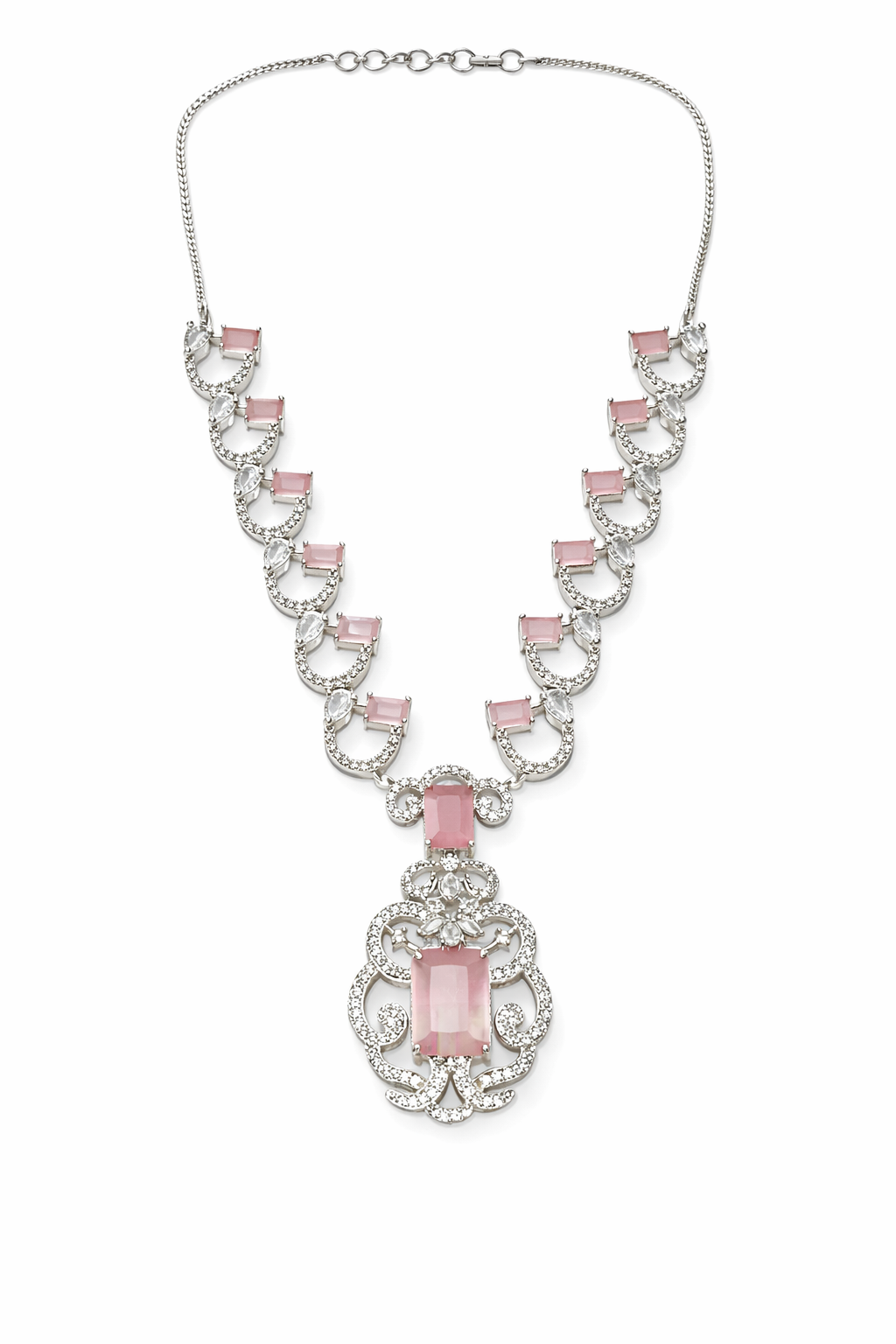 Silver Plated Emerald Green & Pink Cat’s Eye A.D Stone Statement Necklace