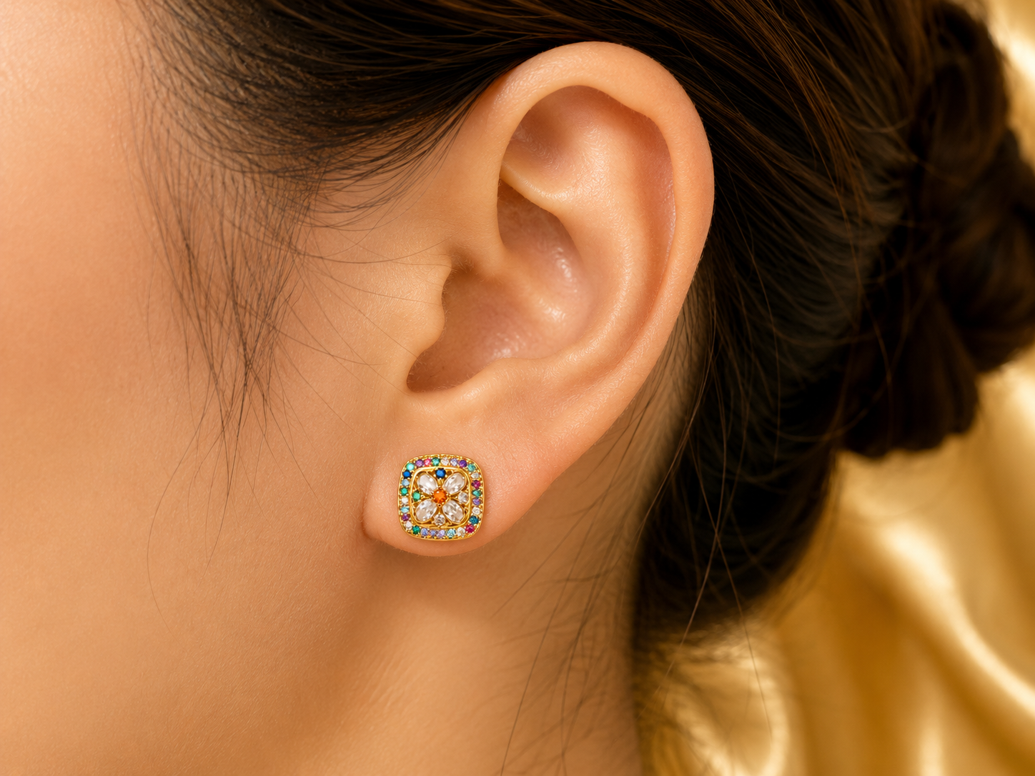 18K Gold Plated Multicolour Zircon Floral Ear Studs