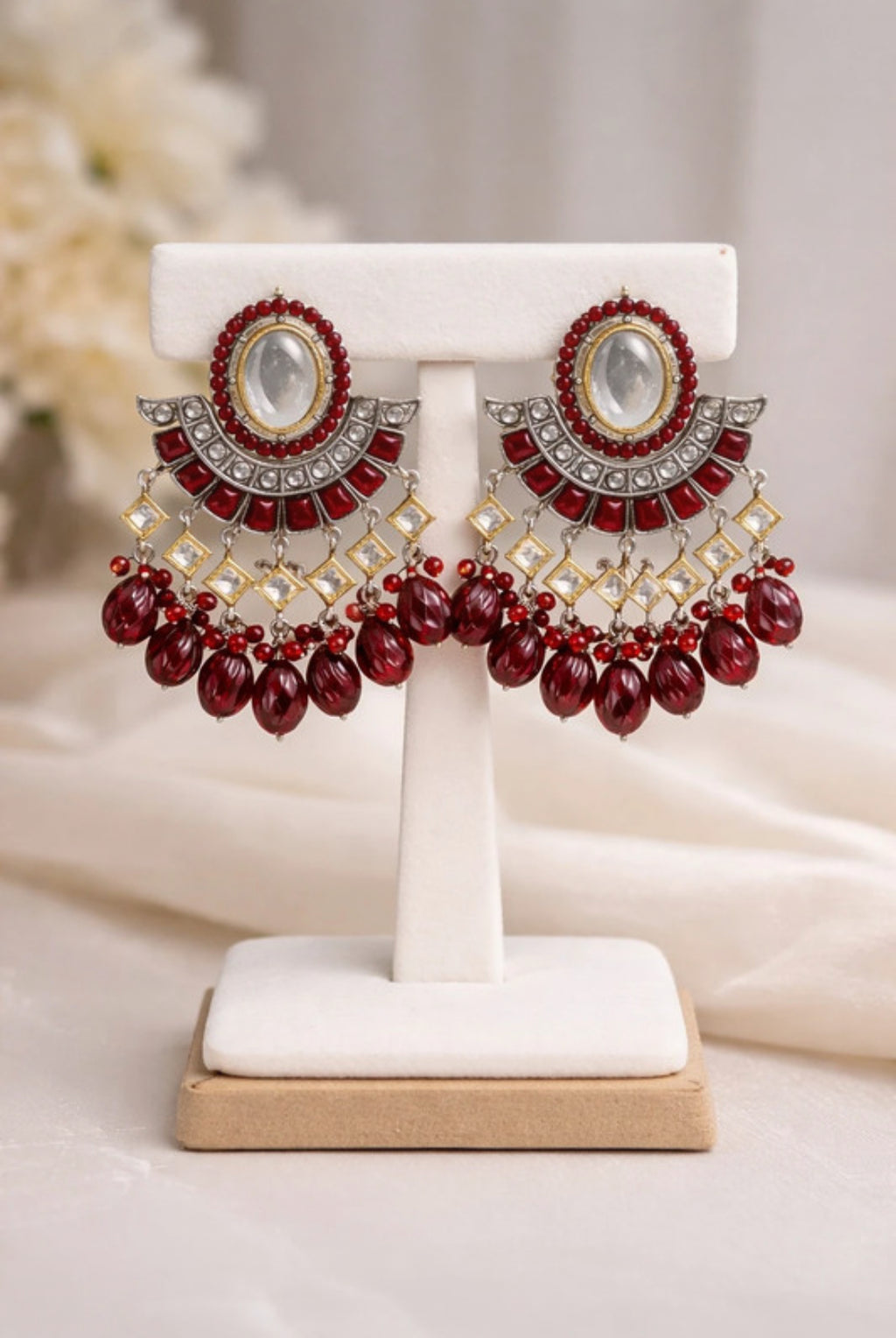 Royal Maroon Kundan Chandbali Earrings with Beaded Drops