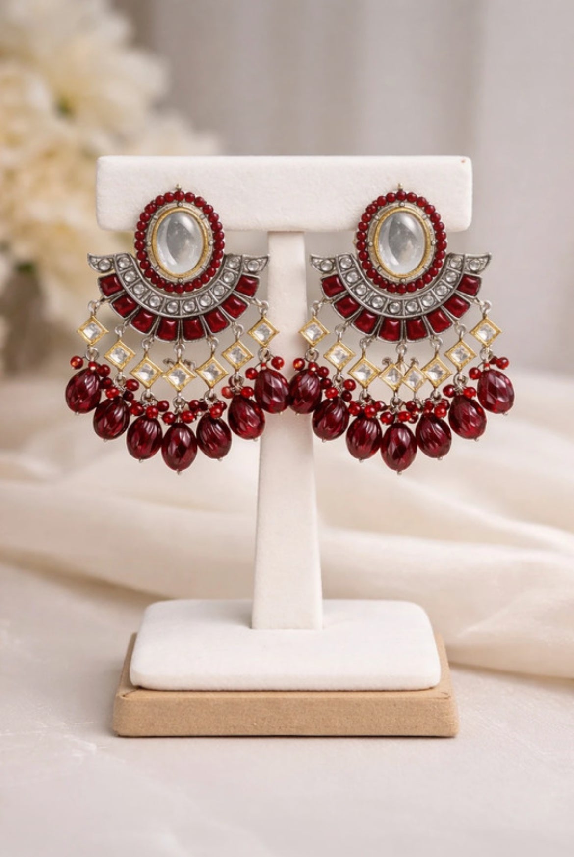 Royal Maroon Kundan Chandbali Earrings with Beaded Drops