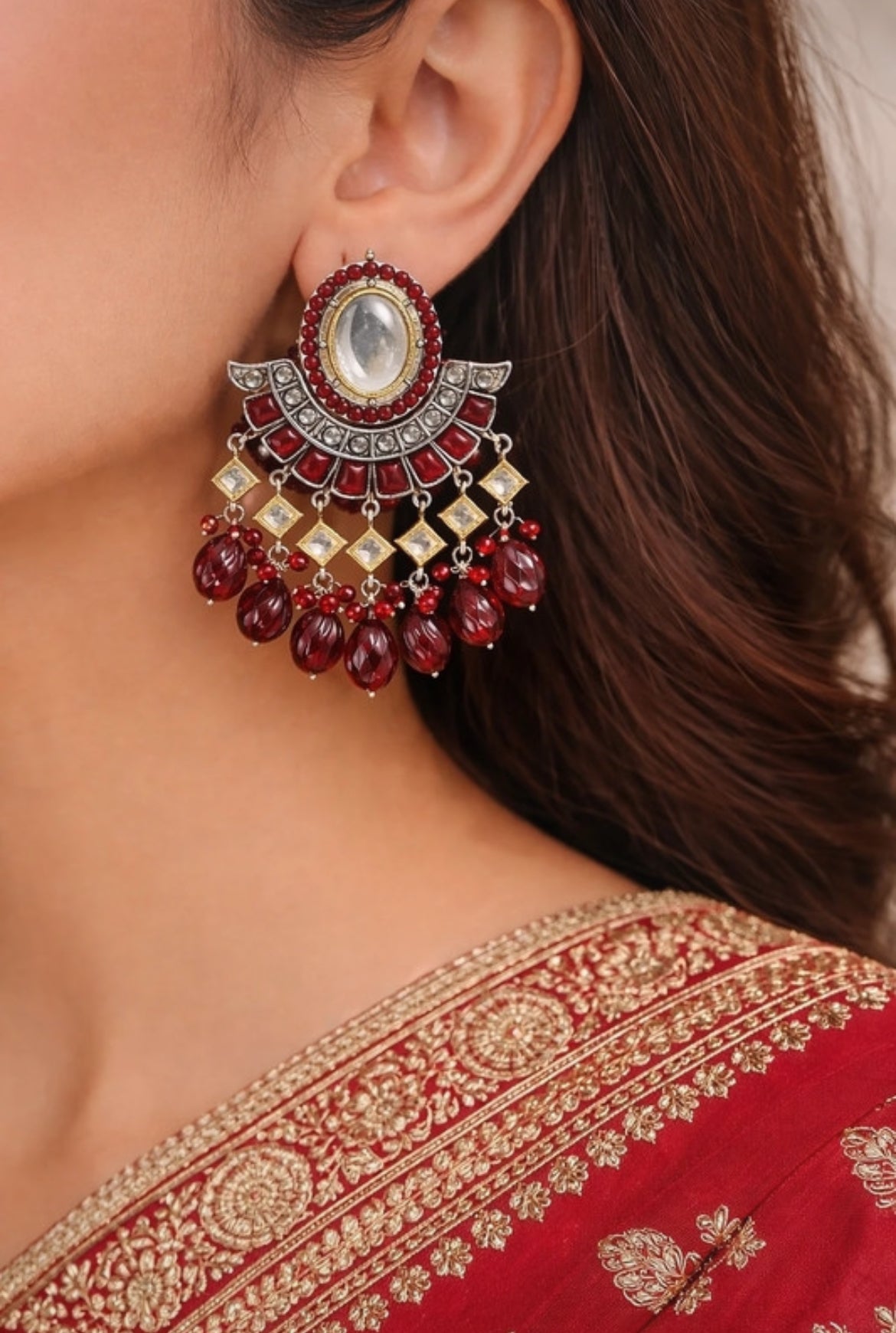 Royal Maroon Kundan Chandbali Earrings with Beaded Drops