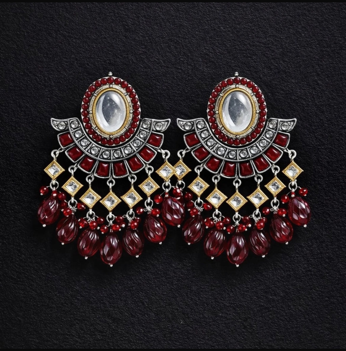 Royal Maroon Kundan Chandbali Earrings with Beaded Drops