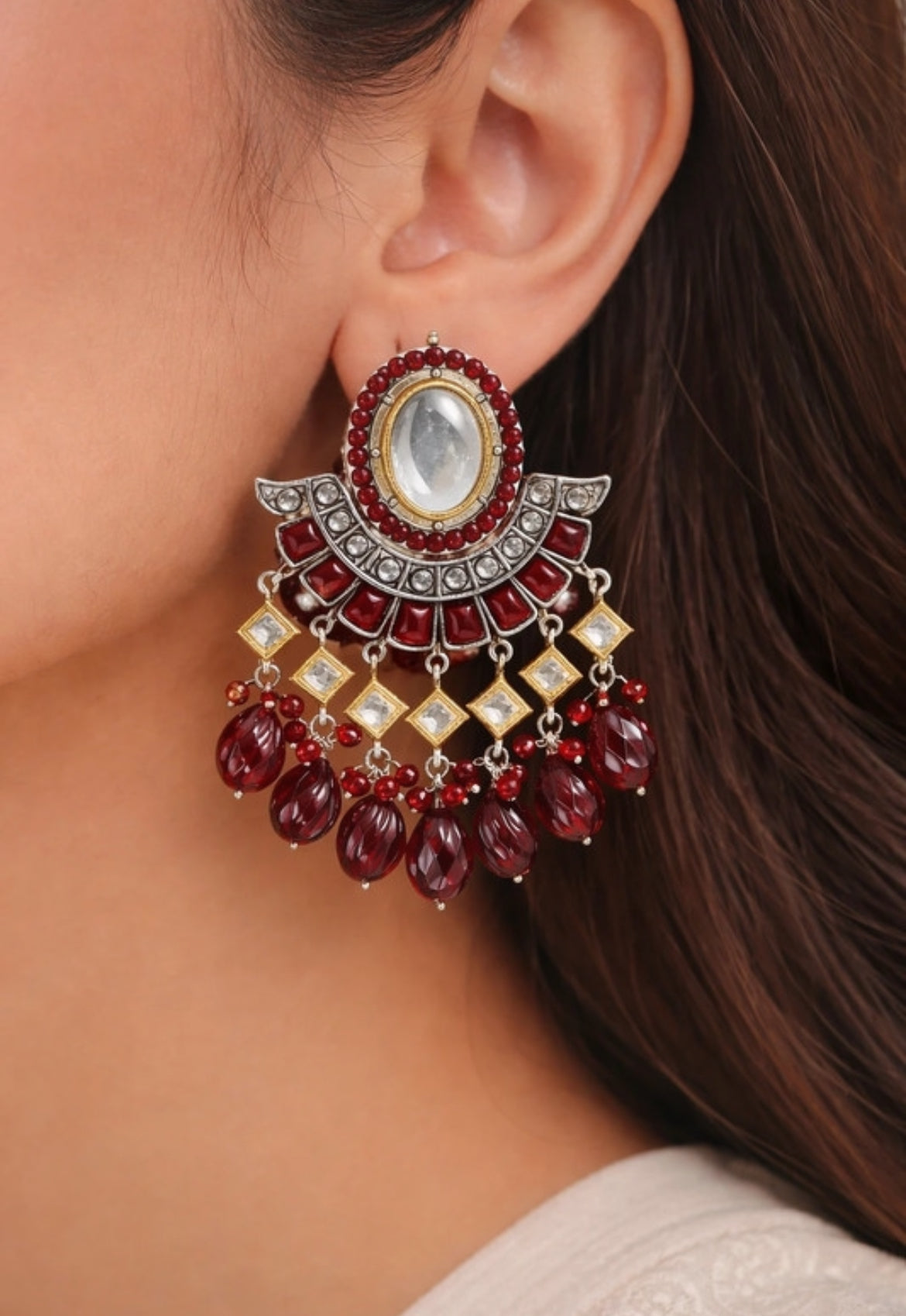 Royal Maroon Kundan Chandbali Earrings with Beaded Drops